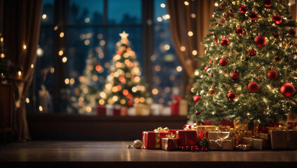 Decorated Christmas tree on blurred background. Backdrop with copy space