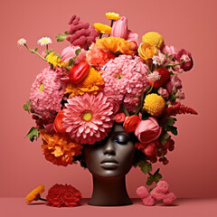 Black womans face covered by a bouquet of flowers — Collage style editorial illustration