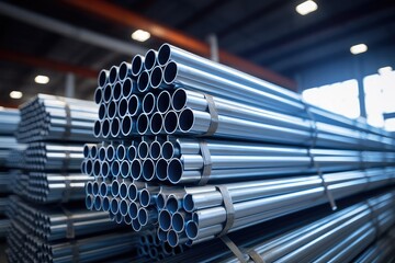High quality steel pipe or aluminum in stack waiting for shipment in warehouse, Steel industry. - obrazy, fototapety, plakaty