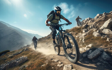 Cyclists riding a mountain electric bicycle steep uphill in harsh rocky terrain at a partly cloudy sunny sky