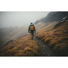 Obraz premium Hiker in Awe of a Tall, Cascading Waterfall