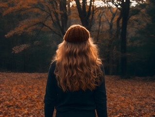 Back view of young girl in warm cloth and hat at autumn season