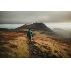 Fototapeta premium Hiker in Awe of a Tall, Cascading Waterfall