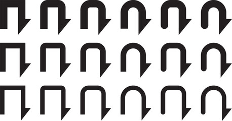 モノクロのUターン矢印、戻り矢印のベクターイラストセット