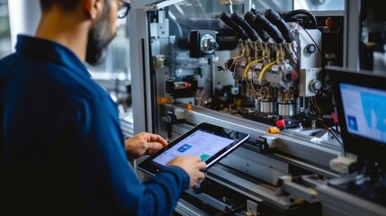 Technicians Operating Machinery with Tablets Represent the Integration of Digital Technology in Modern Manufacturing - obrazy, fototapety, plakaty