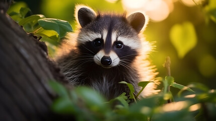 Portrait of cute raccoon animal in the jungle.
