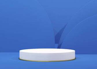 3d illustration of white product podium on blue background.