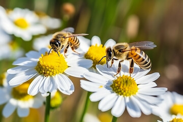 Close-Up Group of Bees on a Daisy Flower - Created with Generative AI Tools