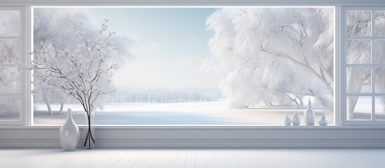 Scandinavian illustration of a chic vacant room with snowy landscape visible