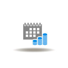 Vector illustration of calendar with growing coins stack. Icon of salary. Symbol of wage date.