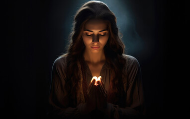 Woman praying in darkness