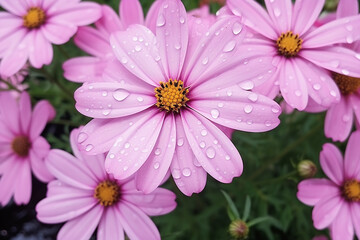 Obraz premium Fresh Flowers with Water Drops on Pink Petals After the Rain - Created with Generative AI Tools
