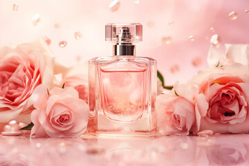Obraz na płótnie Canvas Glass Perfume Bottle in Rose Water Background - Floral Arrangement with Splash of Water - Created with Generative AI Tools