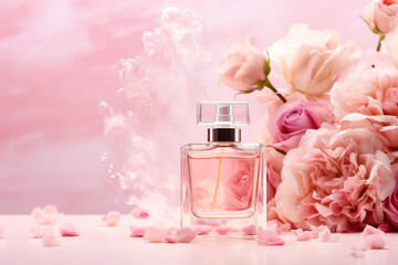 Glass Perfume Bottle in Rose Water Background - Floral Arrangement with Splash of Water - Created with Generative AI Tools