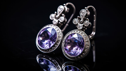 Close-up of elegant silver gemstone earrings, commercial photograph. A pair of Luxury expensive female earrings. 