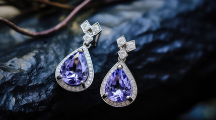 Close-up of elegant silver gemstone earrings, commercial photograph. A pair of Luxury expensive female earrings. 