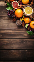 Composition with different autumn leaves and fruits on wooden background with space for text.
