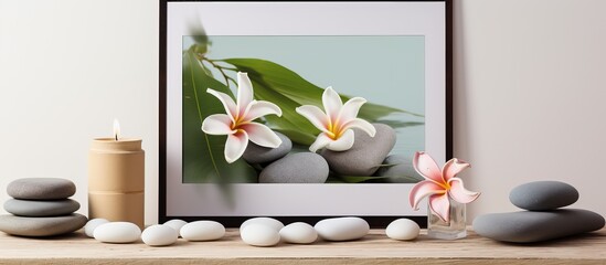 Printable wall poster featuring spa stones adorned with frangipani rose and lily blossoms