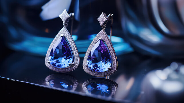 Close-up of elegant silver gemstone earrings, commercial photograph. A pair of Luxury expensive female earrings. 