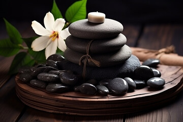 Spa Composition - Basalt Stones for Hot Massage and Aromatherapy on Wood Background - Created with Generative AI Tools