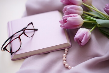 Stylish Blank Book Agenda Held by Person in Purple Sweater with Glasses, Pink Tulip, and Pearl Bracelet - Created with Generative AI Tools