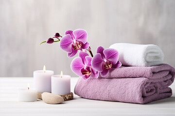Fototapeta na wymiar Tranquil Spa Setting with Orchid Flower, Candle, Soap, and Towels on White Background - Created with Generative AI Tools