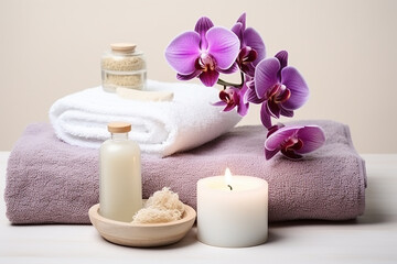 Fototapeta na wymiar Tranquil Spa Setting with Orchid Flower, Candle, Soap, and Towels on White Background - Created with Generative AI Tools