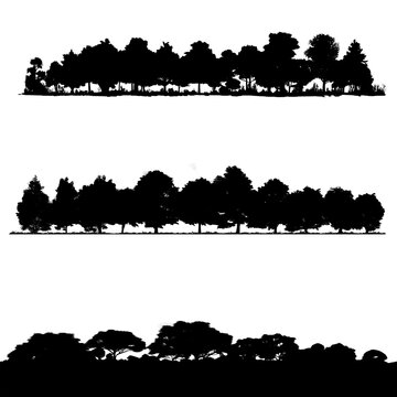 Set of illustration silhouette trees in the forest and foliage in summer. Row of trees and shrubs. isolated on white and transparent background, ai generate