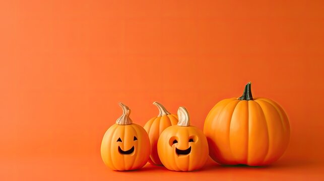 Halloween pumpkins background and copy space for text. cute smile pumpkins Horizontal banner