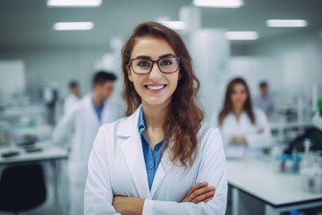 Attractive young female scientist wearing white coat and glasses in modern Medical Science Laboratory with Team of Specialists on background