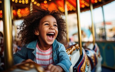A happy child girl expressing excitement while having fun on a merry-go-round colorful carousel at an amusement park - obrazy, fototapety, plakaty