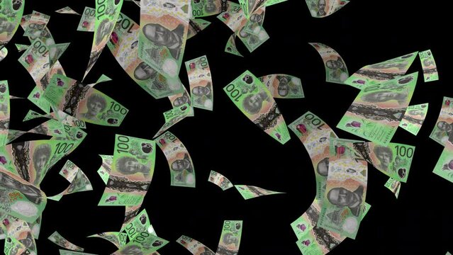AUD money falling down. Money rain. Australian dollar banknotes. Vertical video