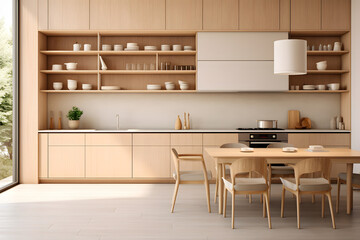 Minimalist modern clean kitchen interior design in minimal beige colors, warm and cozy feeling, clear space