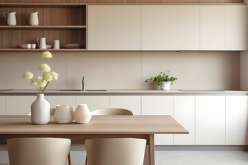 Fototapeta na wymiar Minimalist modern clean kitchen interior design in minimal beige colors, warm and cozy feeling, clear space