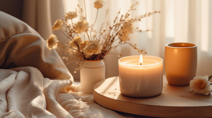 Fototapeta na wymiar Romantic cozy candle background, Warm tones, Relaxation. Generative AI