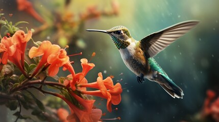 hummingbird in flight towards bell flower  generated by AI