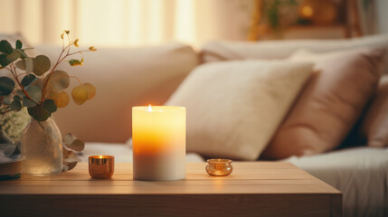 Fototapeta na wymiar Romantic cozy candles background, Warm tones, Relaxation. Generative AI