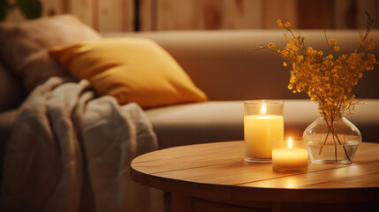 Fototapeta na wymiar Romantic cozy candles background, Warm tones, Relaxation. Generative AI