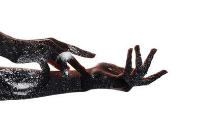 Universe energy. Galaxy mystery. Cosmic dust. Graceful woman arms silhouette with glitter isolated...