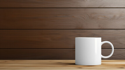 Fototapeta na wymiar Blank white mug mockup on wooden table, Empty cup template. Generative AI