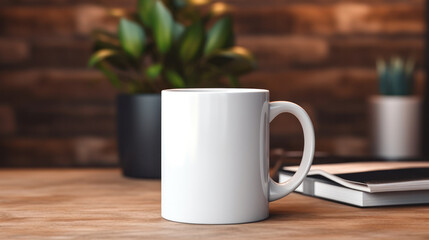 Blank white mug mockup on wooden table with plants background, Empty cup template. Generative AI