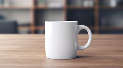 Fototapeta premium Blank white mug mockup on wooden table, Empty cup template. Generative AI