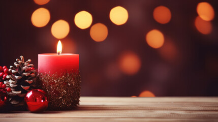 Obraz na płótnie Canvas Romantic Red and Gold Christmas candle and ornament decorations background, Copy space, Festive celebration. Generative AI