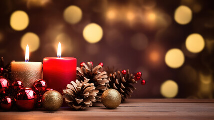 Fototapeta na wymiar Romantic Red and Gold Christmas candles and ornament decorations background, Copy space, Festive celebration. Generative AI