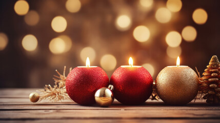 Fototapeta na wymiar Romantic Red and Gold Christmas candles and ornament decorations background, Copy space, Festive celebration. Generative AI