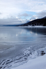 frigid winter scene of Lake McDonald, Glacier National Park, Montana