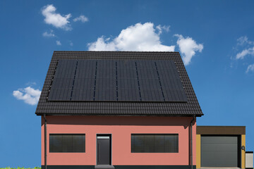 The colors of the year 2024: House with photovoltaics and energy storage for electric cars and household electricity.