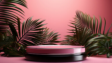 Obraz premium 3D background pedestal podium with plants branches UHD wallpaper Stock Photographic Image