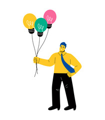 Business man holding a thread from light bulb. Business idea, creativity and innovation concept. Flat vector illustration isolated on white background