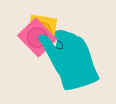 Hand holding packed condom. Colorful vector illustration